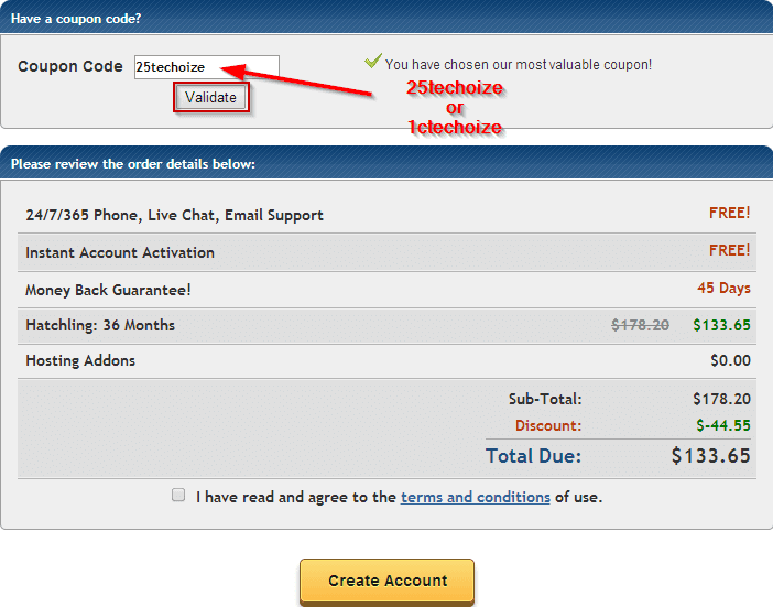 HostGator discount coupon code by Techoize