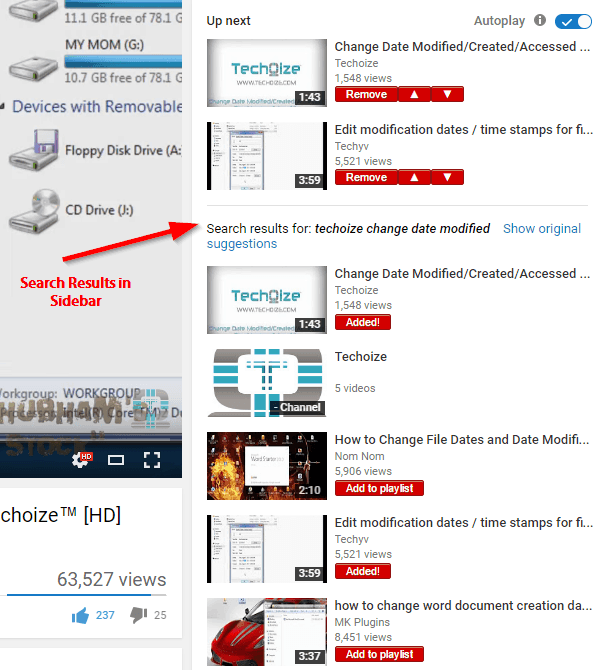 Search Results YouTube Sidebar Add to Playlist Without Stopping